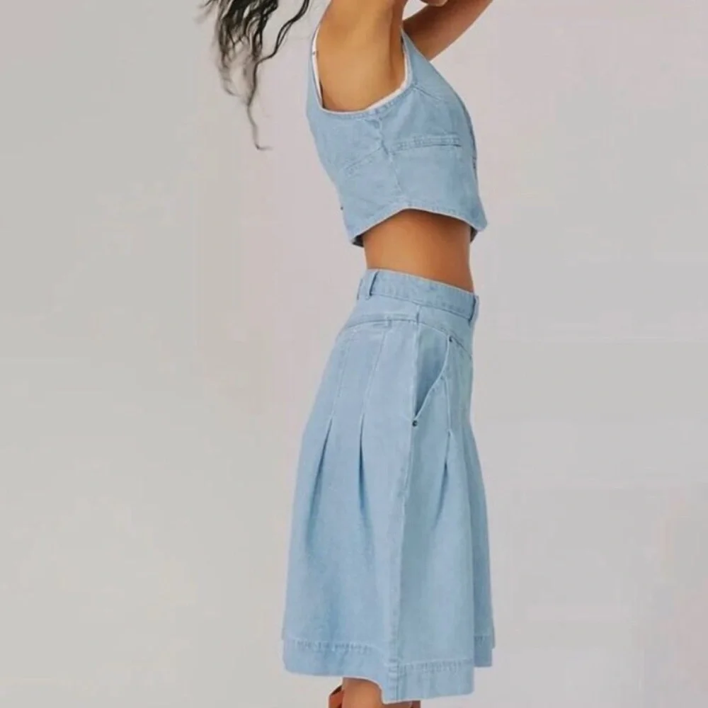 Free People Scout Light Wash Denim Set with Pleated Midi Skirt Size 10